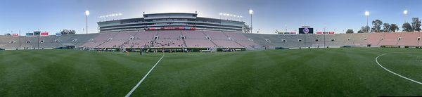 Panoramic view of the Rose Bowl interior at twilight